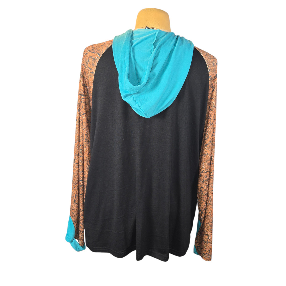 Crazy Train Women's 3XL Hoodie Black Teal Floral Paisley Raglan Western Boho - Picture 4 of 9